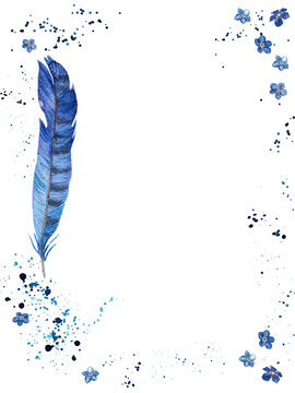 Watercolor illustration of vintage bird feathers. Fairytale style design with ink blots and feather. Template for letter. Frame with place for your text