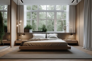 The minimalistic design of the bedroom's interior. comfortable bed in a cozy bedroom. The park may be seen from the window. modern apartment's stylish living room with contemporary furniture