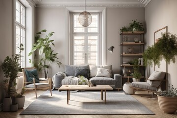 Modern Scandinavian living room with a warm home décor and a stylish grey sofa, armchair, lots of plants, coffee table, and carpet. Template. Generative AI
