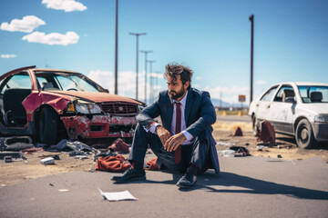 Upset man sitting by crashed car, car insurance concept, sad, car accident, crash collision, injury and damage - obrazy, fototapety, plakaty