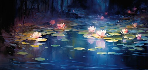 watercolor style illustration, lotus pond in misty dreamy atmosphere, Generative Ai