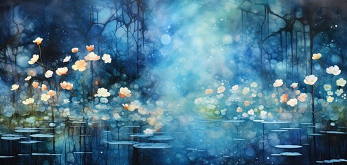 watercolor style illustration, lotus pond in misty dreamy atmosphere, Generative Ai