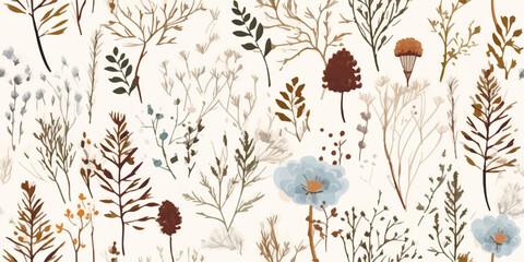 Floral seamless pattern with abstract flowers, branches, leaves, pine cones and plants, botanical vector illustration in vintage style