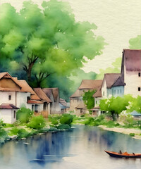 Watercolor Painting of a Rustic Village by the River