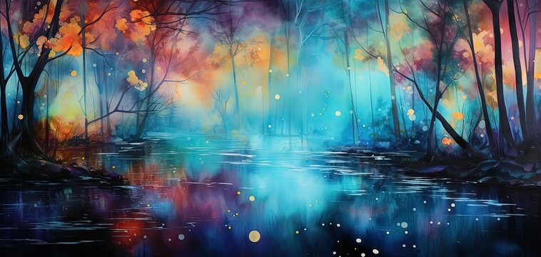 watercolor style illustration, beautiful dreamy landscape of forest wetland, Generative Ai