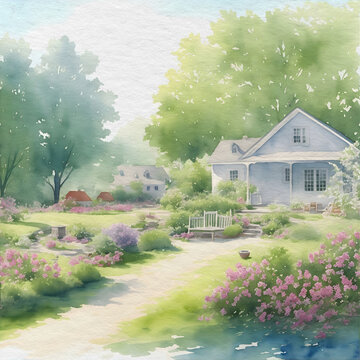 Watercolor Painting of a House in the Garden | Charming Landscape Artwork