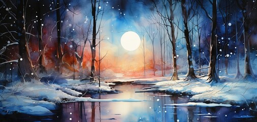 watercolor style illustration, winter night in woods, Generative Ai