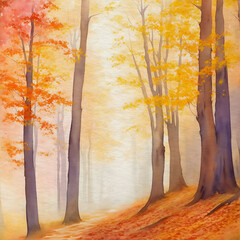Watercolor Painting of a Lush Forest with Vibrant Colors