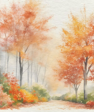 Watercolor Painting of Autumn Forest with Vibrant Colors and Falling Leaves