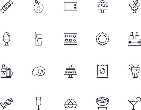 Food line icon set. Collection of outline sign for web design, mobile app, etc. Black line icon of fruit, vegetables, meat, candy, cake.
