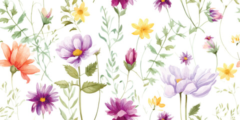 Fototapeta na wymiar Floral seamless pattern with colorful flowers cosmos, coreopsis, bells, lavender and green leaves on branches. Delicate watercolor illustration on white background for textile or wallpapers