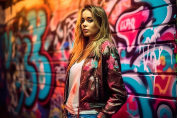 Fototapeta premium A young fashion model posing against a colorful graffiti wall, showcasing edgy and urban fashion trends with a rebellious flair. Generative Ai