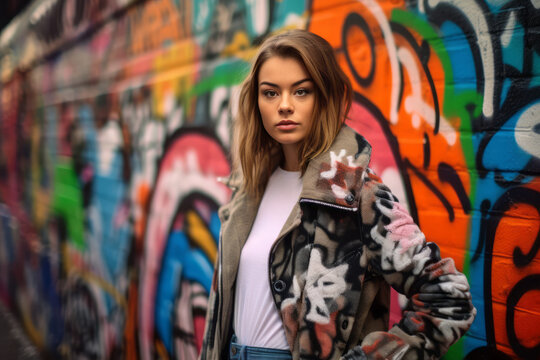 A young fashion model posing against a colorful graffiti wall, showcasing edgy and urban fashion trends with a rebellious flair. Generative Ai