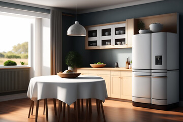 Fototapeta premium White kitchen Scandinavian interior with fridge. modern kitchen and living room with lights. Interior view of a house with wooden parquet floor and kitchen. tablecloth. plants in pot. Generative ai