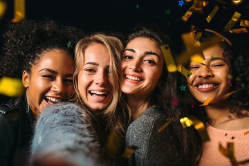 Four happy women taking selfie under golden confetti at night