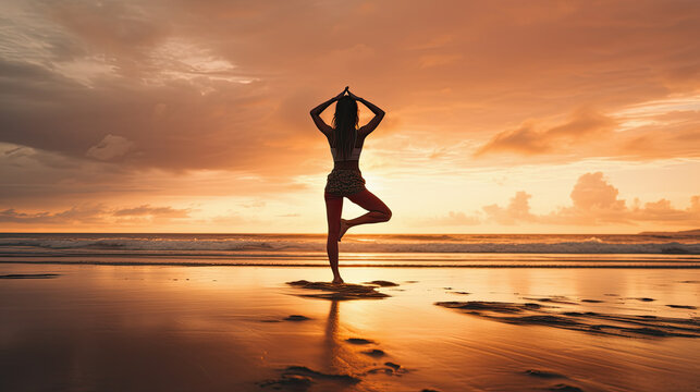 silueta de mujer de espaldas haciendo yoga al atardecer en una playa desierta. Ilustración de Ia generativa © Helena GARCIA
