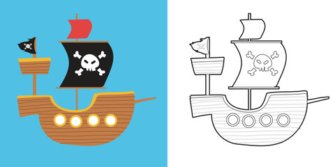 Coloring page the pirate ship. Educational printable coloring worksheet. Coloring activity for children. Vector outline coloring page kids.