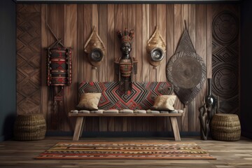 The interior of the house is mocap ethnic. On the hardwood walls, there are painted decorations of traditional African meals. Tribal style bench with a veil covering it. Generative AI