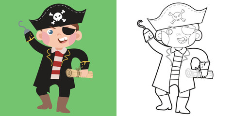 Coloring page the cute pirate boy cartoon character. Educational printable coloring worksheet. Coloring activity for children. Vector outline coloring page kids.
