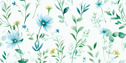 Floral seamless pattern with delicate blue wildflowers, random abstract green plants and leaves, turquoise background. Watercolor illustration meadow, print in provence style