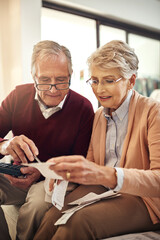 Senior couple, finance and bills in budget check for expenses, receipts or calculating costs at...