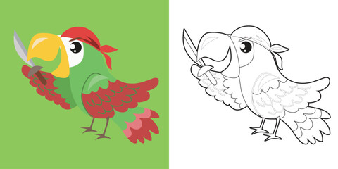 Coloring page the cute parrot holding a sword. Kawaii parrot cartoon character. Educational printable coloring worksheet. Coloring activity for children. Vector outline coloring page kids.