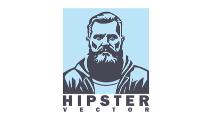 Vector bearded and mustachioed brutal hipster man. Logo, sticker or icon. Graphic simple monochrome portrait of a guy. Square emblem. White isolated background.