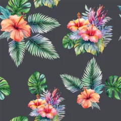 Fototapete Tropische Pflanzen Seamless realistic vector botanical pattern. Dark background. Watercolor pattern with exotic flowers