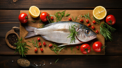 Coastal Delight: Rustic Flat Lay of Raw Dorada Fish with Fresh Lemon Slices and Vibrant Vegetables on Wooden Table