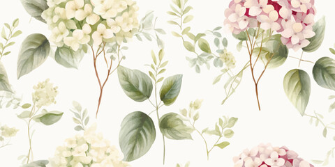 Floral seamless pattern with delicate hydrangea and green branches, watercolor illustration on ivory background, print for textile or wallpapers in provence style