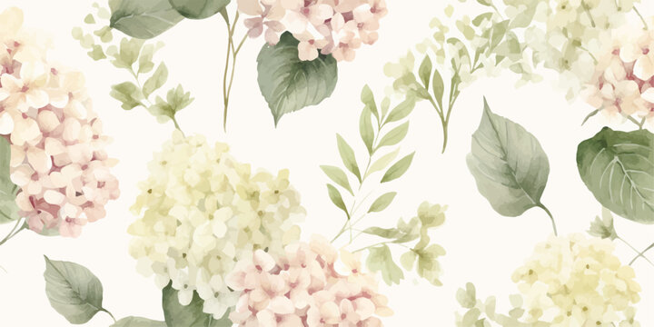 Floral seamless pattern with delicate hydrangea and green branches, watercolor illustration on ivory background, print for textile or wallpapers in provence style