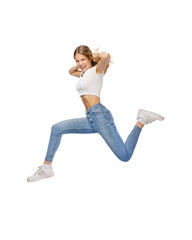  Full size photo of young cheerful teenager girl jump isolated over free PNG background
