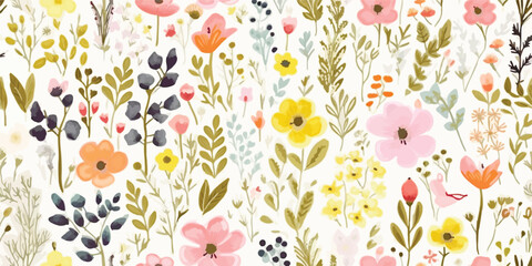 Fototapeta na wymiar Floral seamless pattern with flowers and butterflies. Flowers meadow. Vector illustration in vintage style