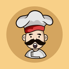 Cartoon Chef logo Mascot n a cooking hat Yummy concept Cooking, restaurant or cafe logo