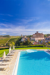 Castle and town with vineyard in Barolo, Langhe region, Piedmont, Italy