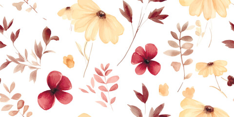 Floral seamless pattern with pressed flowers and leaves burgundy and delicate yellow colors. Watercolor print in vintage herbarium style, isolated illustration for textile, wallpaper or wrapping paper