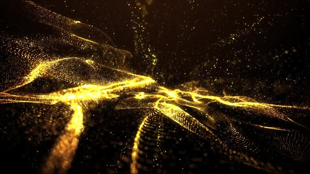 Beautiful golden particles wave and light abstract background with shining particle form floor stars dust flare. Futuristic glittering Luxurious gold sparkling on background.