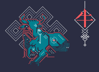 Chinese zodiac sign of ox, Graphic of colourful cyber bull with traditional Chinese element, Chinese word refers to ox Zodiac