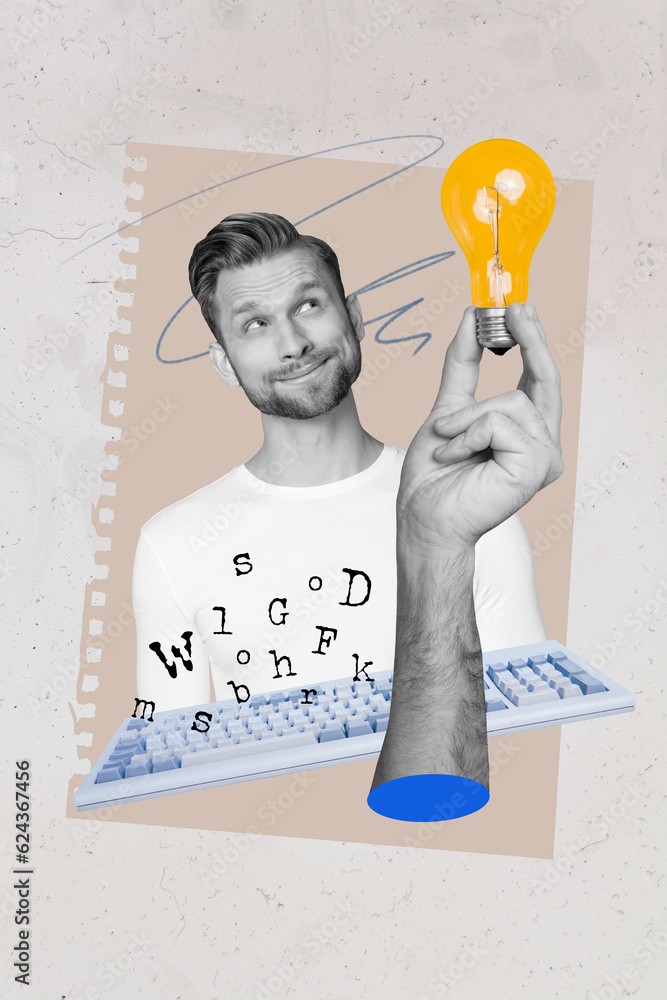 Poster vertical creative composite photo collage of smart handsome young guy think idea writing application
