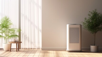Air purifier, dehumidifier in bedroom. Illustration AI Generative.