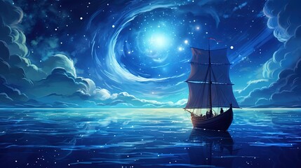 sailing boat on dream journey to horizon under full moon light, Generative Ai