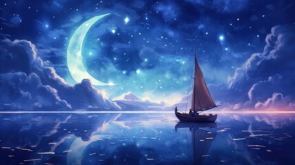 sailing boat on dream journey to horizon under crescent moon light, Generative Ai