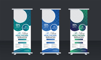 Healthcare and medical rollup and standee banner design template set.