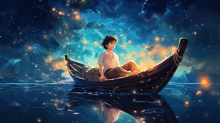  a boy sitting in row boat at middle of lake at night time, Generative Ai - obrazy, fototapety, plakaty