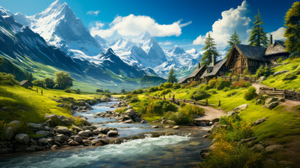Naklejka na ściany i meble Beautiful mountain landscape with a small river in it. Generative AI