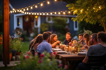 Group of big families Having Fun, Communicating with Each Other and Eating at Outdoors Dinner.