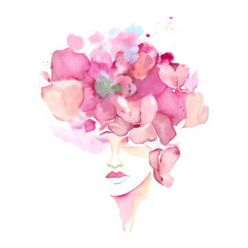 Watercolor portrait of woman with pink flowers on head, wreath from petals of roses and peonies, vector