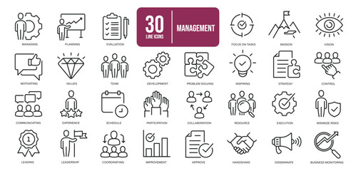 Fototapeta na wymiar Management simple minimal thin line icons. Related business, achievement, planning, success, solution. Editable stroke. Vector illustration. 
