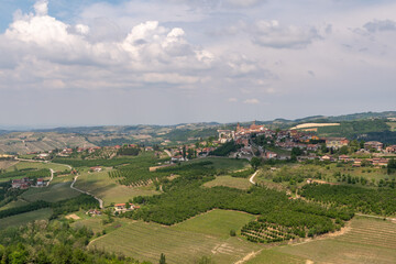 Scenic view of the Langhe vineyard hills with the village of Rodello, located a short distance from Alba, Cuneo, Piedmont, Italy