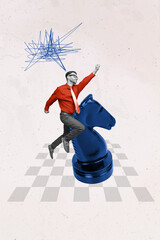 Vertical creative composite illustration photo collage of purposeful successful man riding chess knight isolated on white color background © deagreez